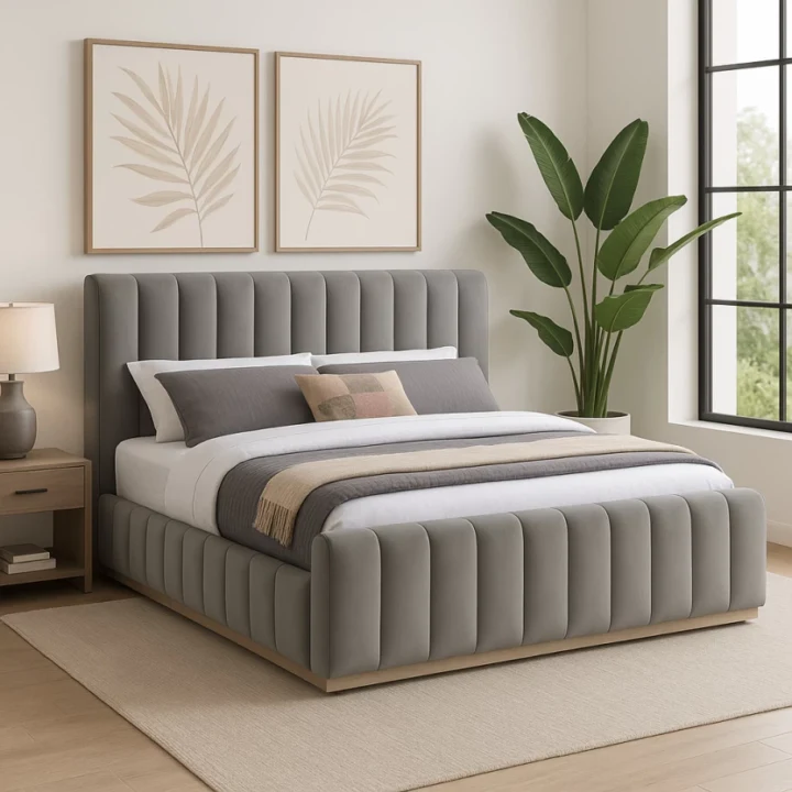 Designer Concepts Denia Velvet Upholstered Sleigh Bed Queen Grey Queen Bed