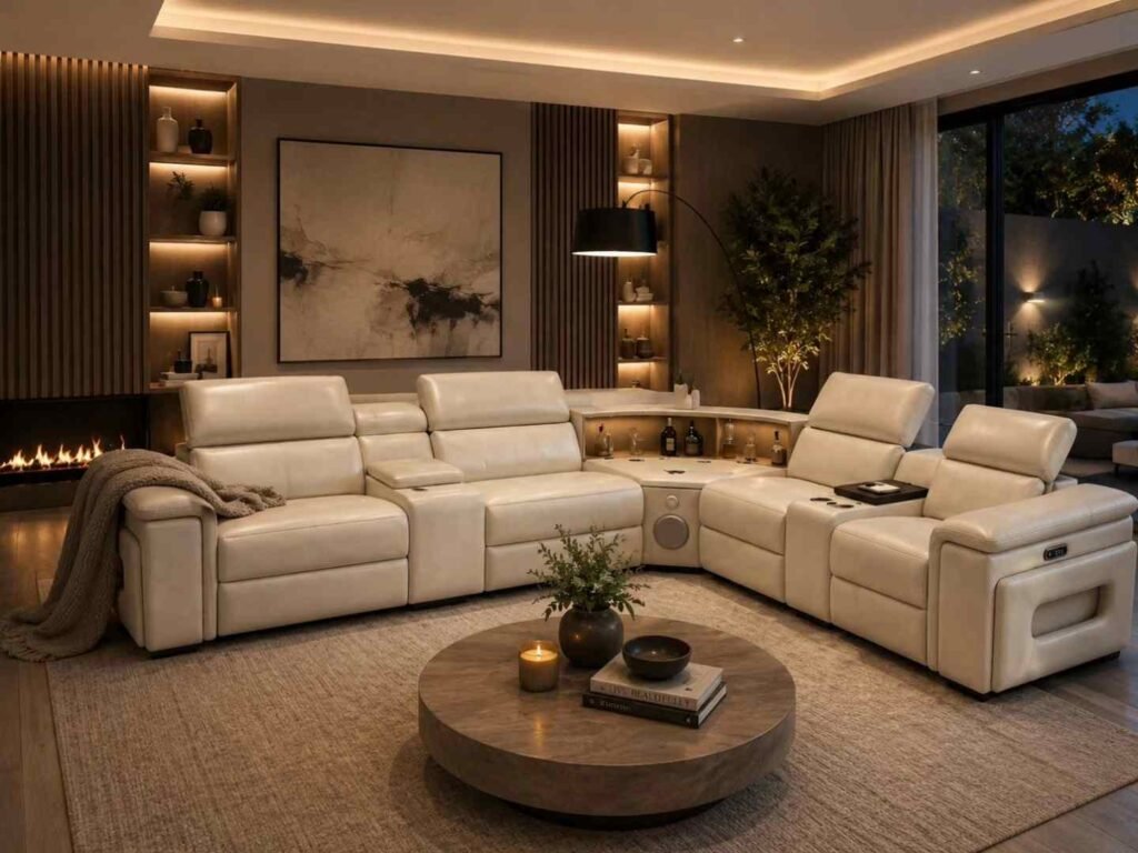 Elite Comfort Cream Leather Reclining Sectional With Console & Coffee Table