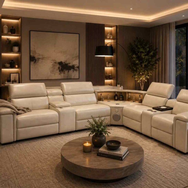 Elite Comfort Cream Leather Reclining Sectional With Console & Coffee Table