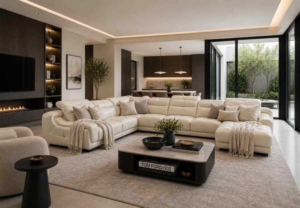 Signature Cream Sectional Sofa With Marble Coffee Table