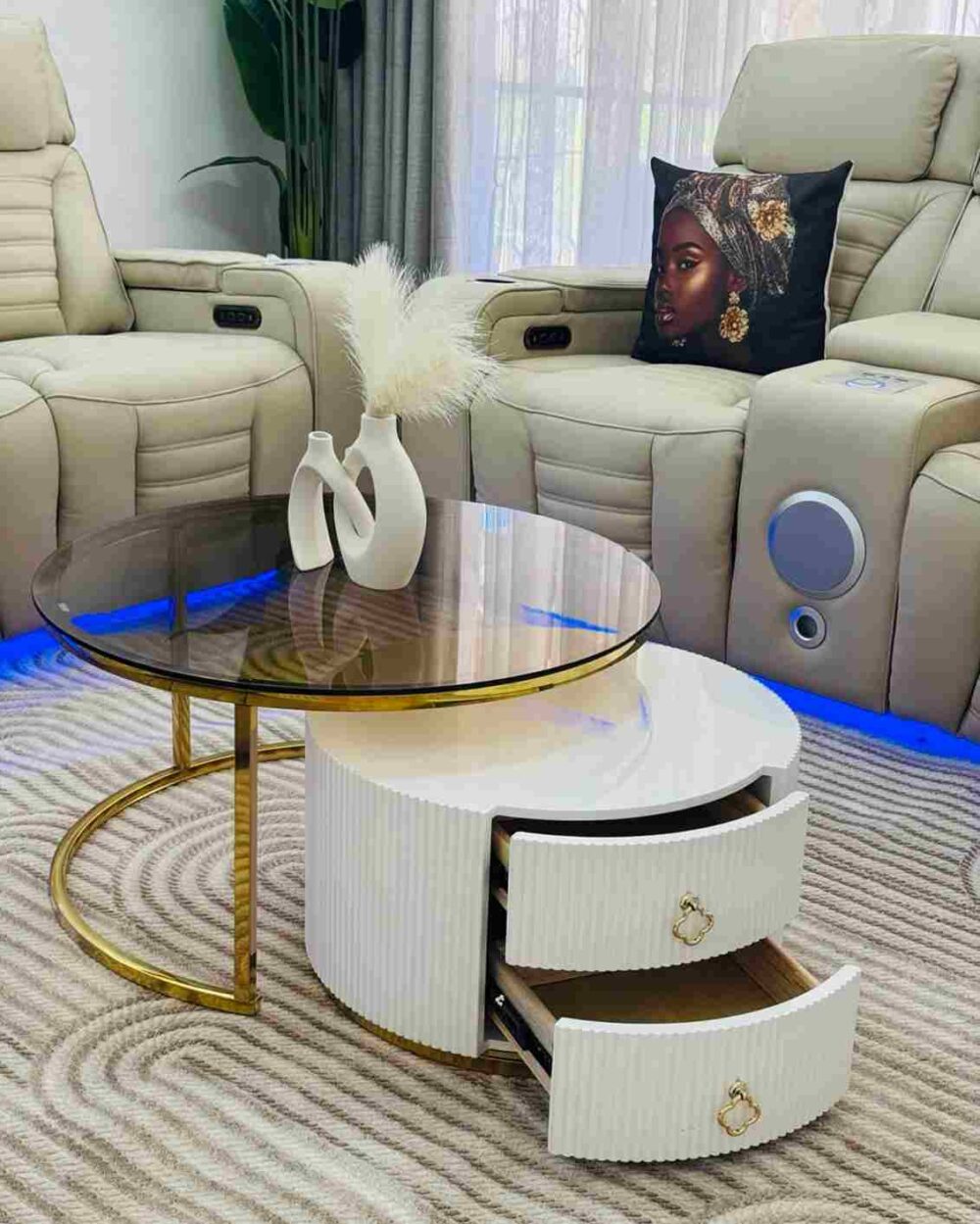 Elite Beige Leather Recliner Set with Designer Coffee Table
