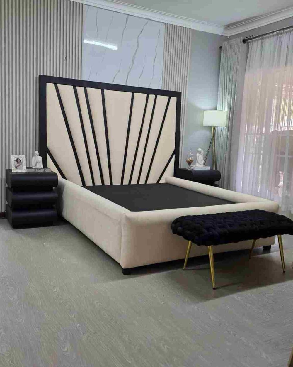 Geometric Cream Upholstered Bedframe with Designer Headboard