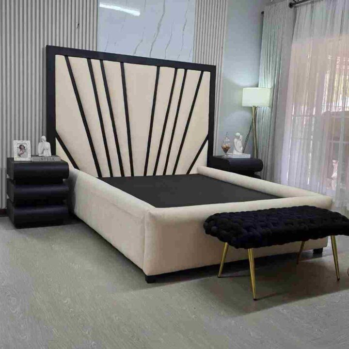 Geometric Cream Upholstered Bedframe With Designer Headboard