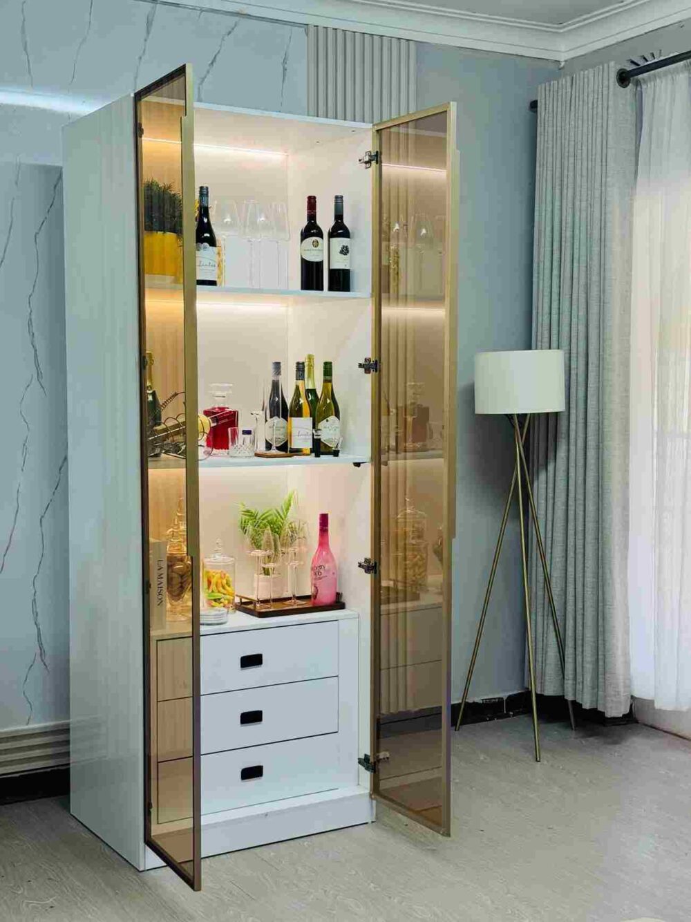 Illuminated Modern Home Bar Cabinet with Glass Doors