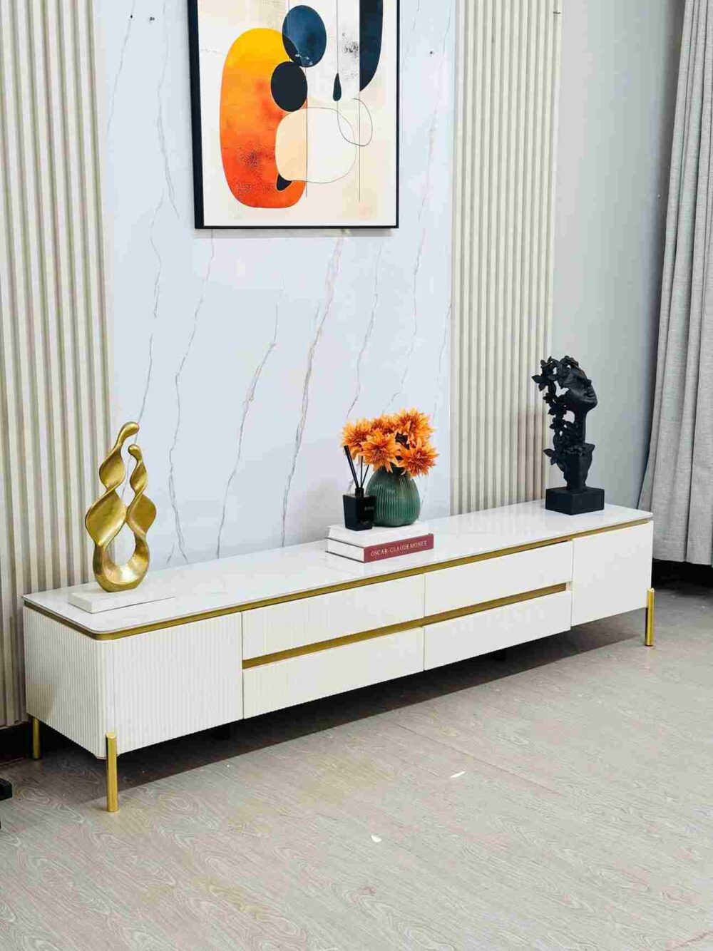 White & Gold TV Console with Marble Top
