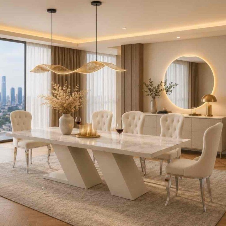 Prestige Marble Dining Table Set With Tufted Chairs